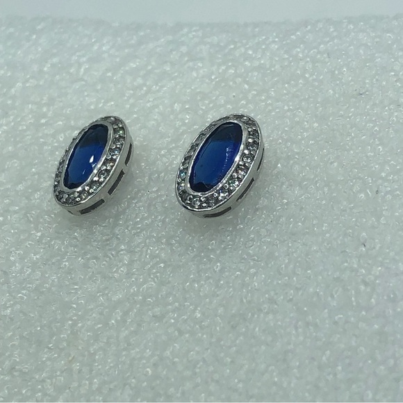Vtg Sterling Silver Oval Blue & White Cz Halo Stud Earrings .6” x .4” - Picture 3 of 8